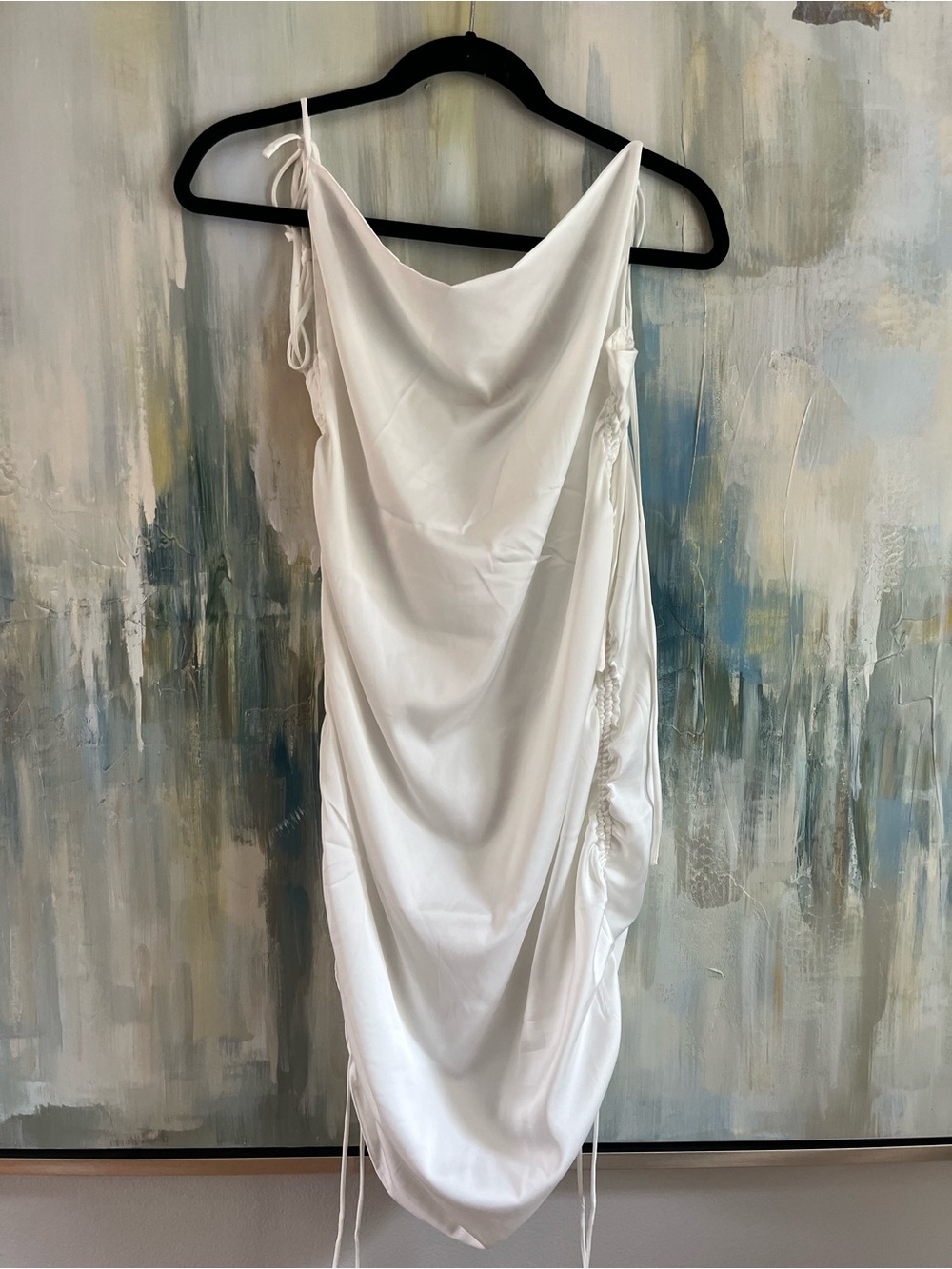 LEAU White Satin Ruched Cowl Neck Midi Dress Size M